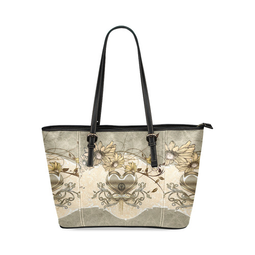 Wunderful heart with flowers Leather Tote Bag/Small (Model 1640)