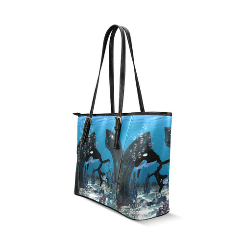 Amazing orcas , underwater world Leather Tote Bag/Large (Model 1640)