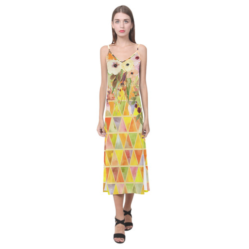 Watercolor Flowers Triangles Orange Yellow Green V-Neck Open Fork Long Dress(Model D18)