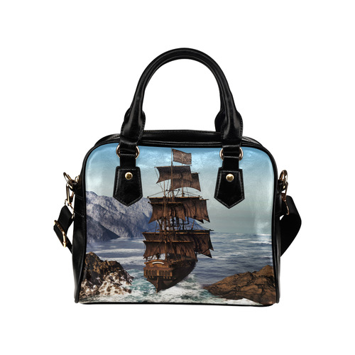A pirate ship sails through the coastal Shoulder Handbag (Model 1634)