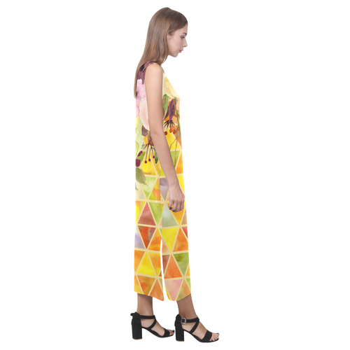 Watercolor Flowers Triangles Orange Yellow Green Phaedra Sleeveless Open Fork Long Dress (Model D08)