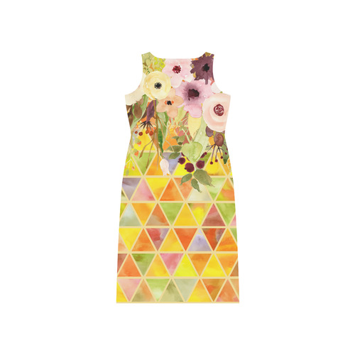 Watercolor Flowers Triangles Orange Yellow Green Phaedra Sleeveless Open Fork Long Dress (Model D08)