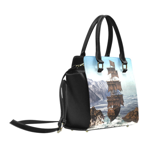 A pirate ship sails through the coastal Classic Shoulder Handbag (Model 1653)