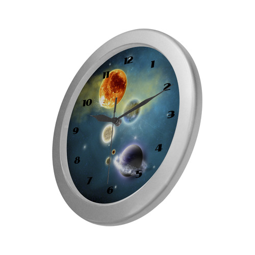 Space scenario with  meteorite sun and planets Silver Color Wall Clock