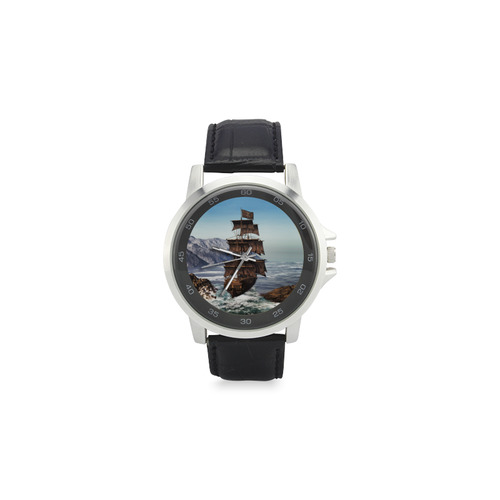 A pirate ship sails through the coastal Unisex Stainless Steel Leather Strap Watch(Model 202)