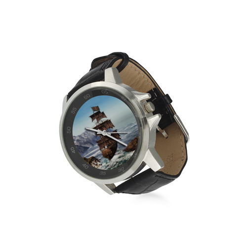 A pirate ship sails through the coastal Unisex Stainless Steel Leather Strap Watch(Model 202)
