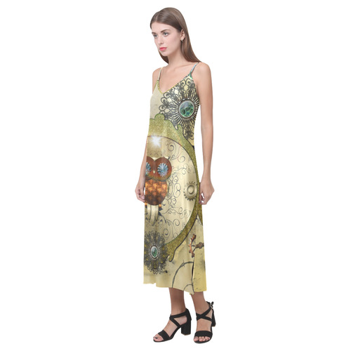 Steampunk, wonderful owl V-Neck Open Fork Long Dress(Model D18)