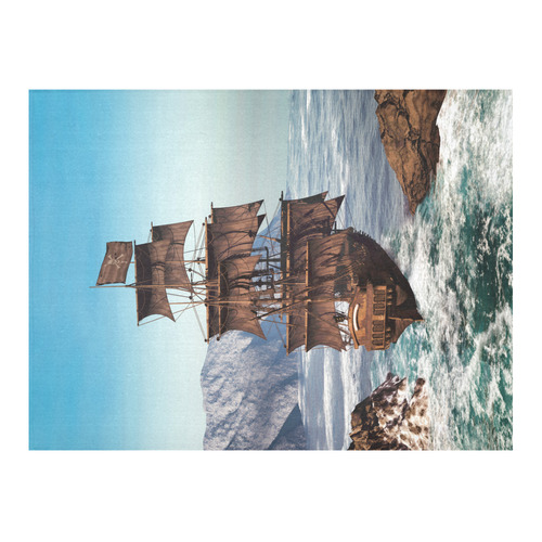A pirate ship sails through the coastal Cotton Linen Tablecloth 52"x 70"