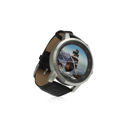 A pirate ship sails through the coastal Unisex Stainless Steel Leather Strap Watch(Model 202)