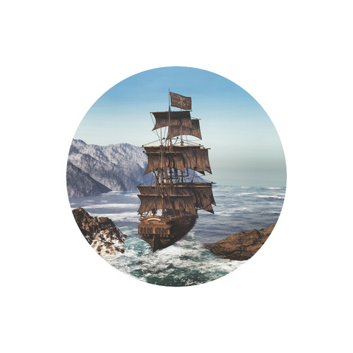 A pirate ship sails through the coastal Round Mousepad