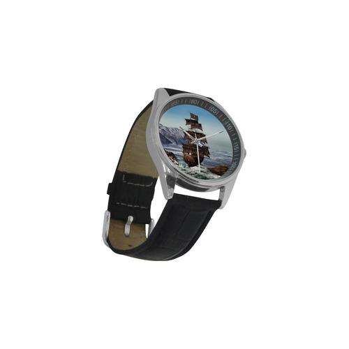 A pirate ship sails through the coastal Men's Casual Leather Strap Watch(Model 211)