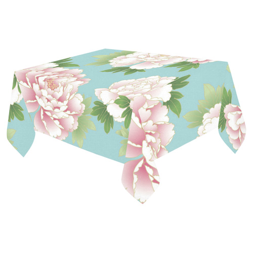 Beautiful Pink Peony Vintage Japanese Floral Cotton Linen Tablecloth 52"x 70"