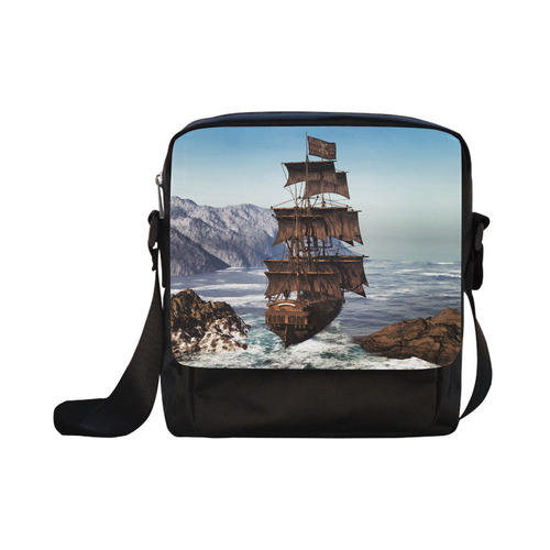 A pirate ship sails through the coastal Crossbody Nylon Bags (Model 1633)