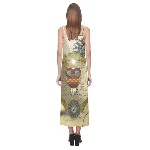 Steampunk, wonderful owl V-Neck Open Fork Long Dress(Model D18)