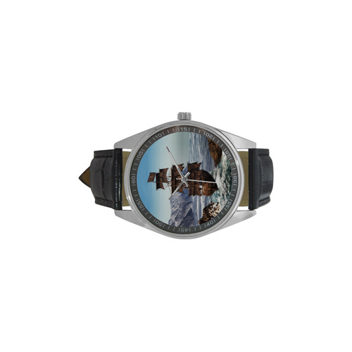 A pirate ship sails through the coastal Men's Casual Leather Strap Watch(Model 211)