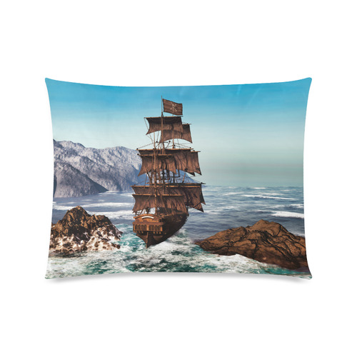 A pirate ship sails through the coastal Custom Picture Pillow Case 20"x26" (one side)