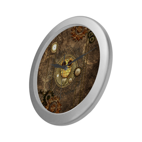 Steampunk, wonderful owl,clocks and gears Silver Color Wall Clock