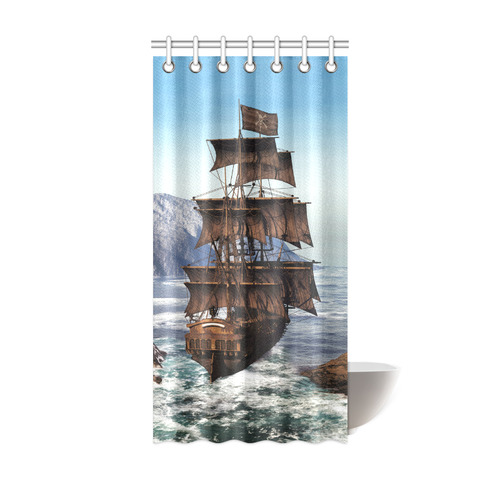 A pirate ship sails through the coastal Shower Curtain 36"x72"