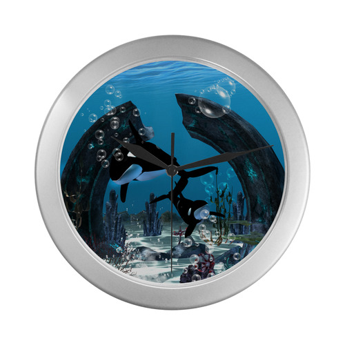 Amazing orcas , underwater world Silver Color Wall Clock