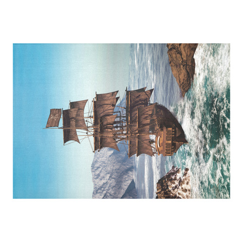A pirate ship sails through the coastal Cotton Linen Tablecloth 60"x 84"