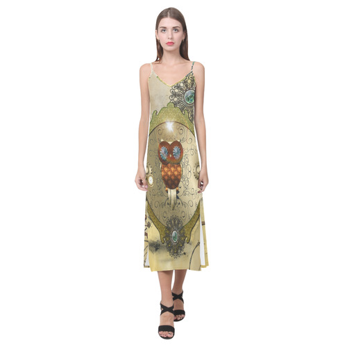 Steampunk, wonderful owl V-Neck Open Fork Long Dress(Model D18)