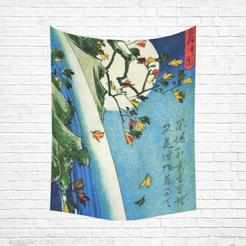 Hiroshige Moon Over Waterfall Vintage Japanese Cotton Linen Wall Tapestry 60"x 80"