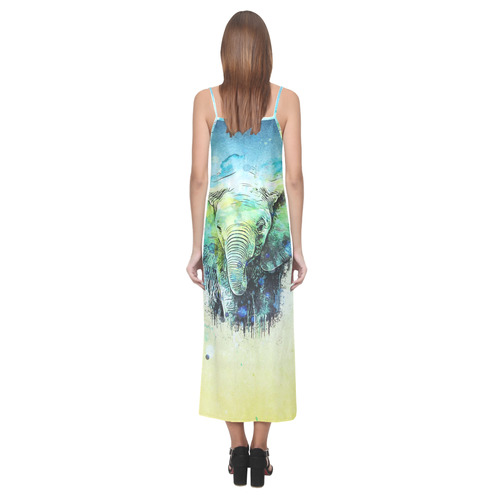 watercolor elephant V-Neck Open Fork Long Dress(Model D18)