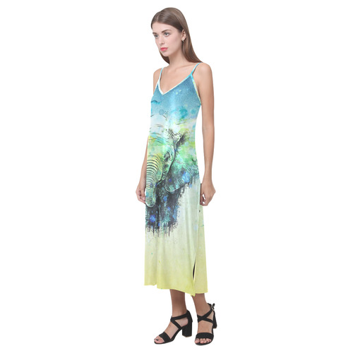 watercolor elephant V-Neck Open Fork Long Dress(Model D18)