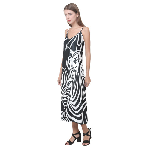zebra opart, black and white V-Neck Open Fork Long Dress(Model D18)