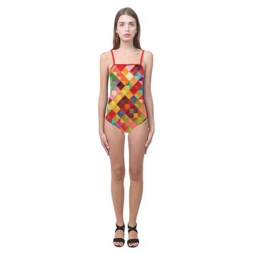 Colorful Red Orange Geometric Abstract Pattern Strap Swimsuit ( Model S05)