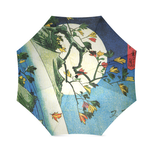 Hiroshige Moon Over Waterfall Vintage Japanese Foldable Umbrella (Model U01)