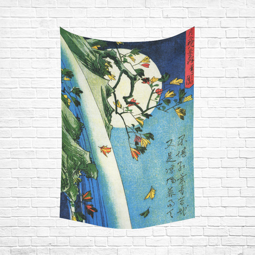 Hiroshige Moon Over Waterfall Vintage Japanese Cotton Linen Wall Tapestry 60"x 90"