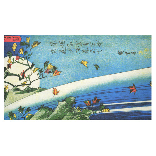 Hiroshige Moon Over Waterfall Vintage Japanese Cotton Linen Tablecloth 60"x 104"