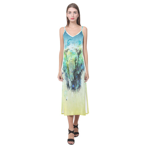 watercolor elephant V-Neck Open Fork Long Dress(Model D18)