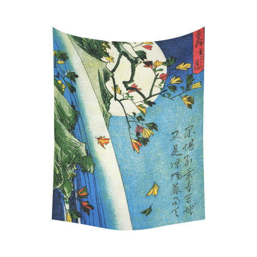 Hiroshige Moon Over Waterfall Vintage Japanese Cotton Linen Wall Tapestry 60"x 80"