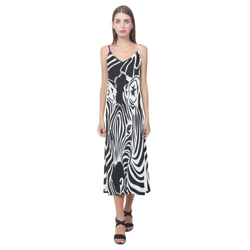 zebra opart, black and white V-Neck Open Fork Long Dress(Model D18)