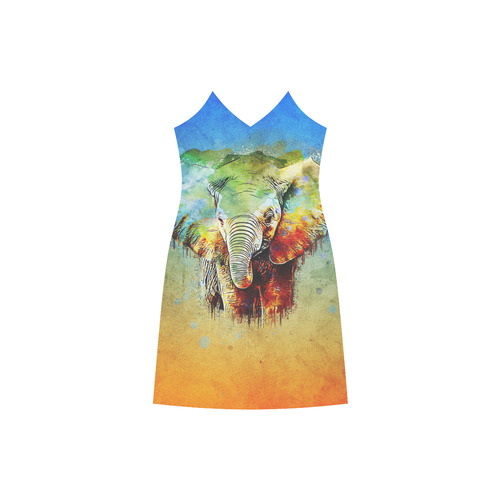 watercolor elephant V-Neck Open Fork Long Dress(Model D18)