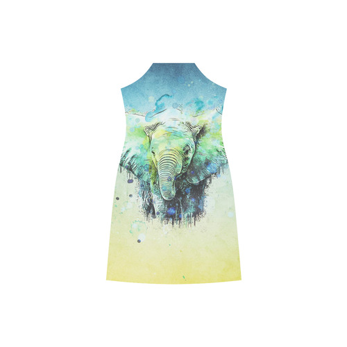 watercolor elephant V-Neck Open Fork Long Dress(Model D18)