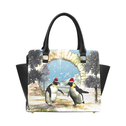 Funny penguins with christmas hat Classic Shoulder Handbag (Model 1653)