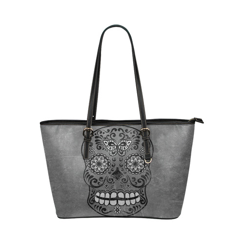 Dark gothic silver grey sugar skull Leather Tote Bag/Large (Model 1651)
