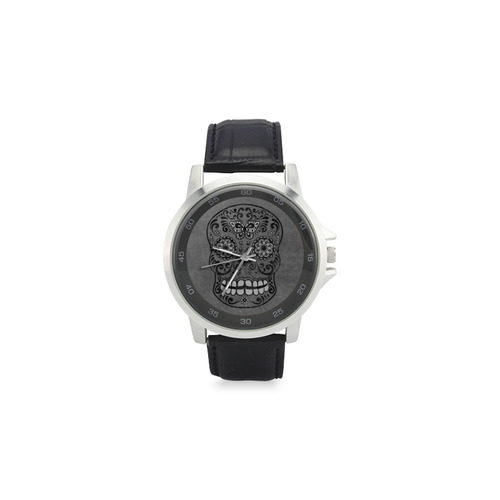 Dark gothic silver grey sugar skull Unisex Stainless Steel Leather Strap Watch(Model 202)