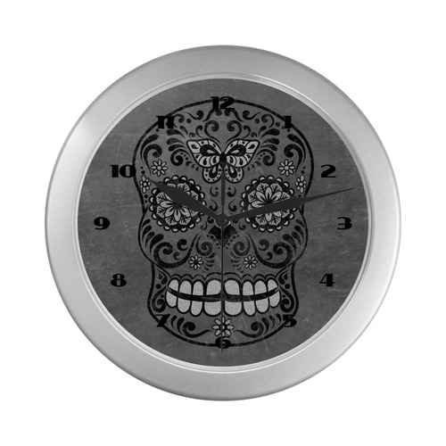 Dark gothic silver grey sugar skull Silver Color Wall Clock