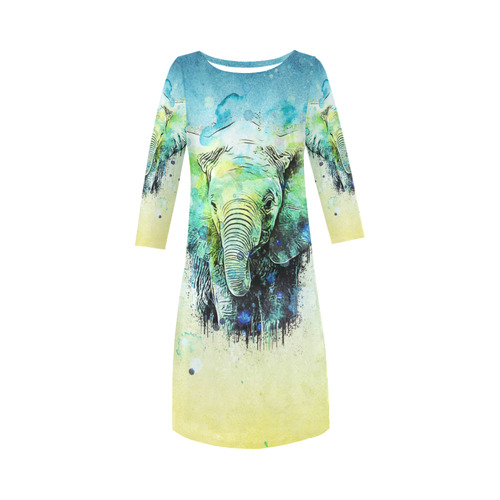 watercolor elephant Round Collar Dress (D22)