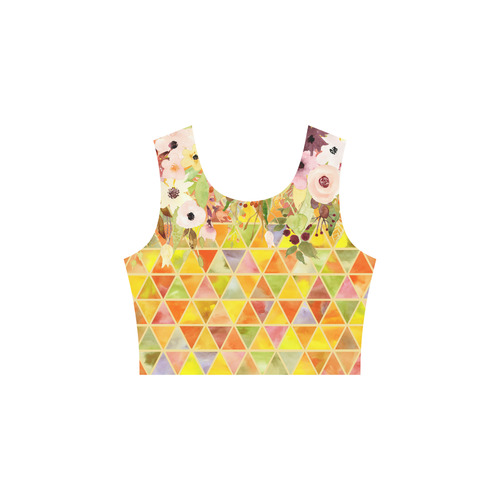 Watercolor Flowers Triangles Orange Yellow Green Sleeveless Ice Skater Dress (D19)