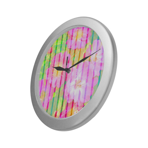 Colorful Flowers Silver Color Wall Clock