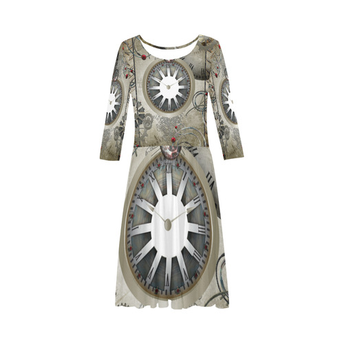 Steampunk, noble design, clocks and gears Elbow Sleeve Ice Skater Dress (D20)