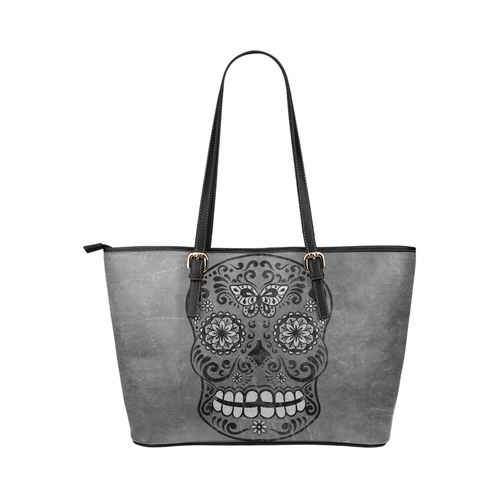 Dark gothic silver grey sugar skull Leather Tote Bag/Large (Model 1651)