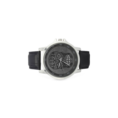 Dark gothic silver grey sugar skull Unisex Stainless Steel Leather Strap Watch(Model 202)