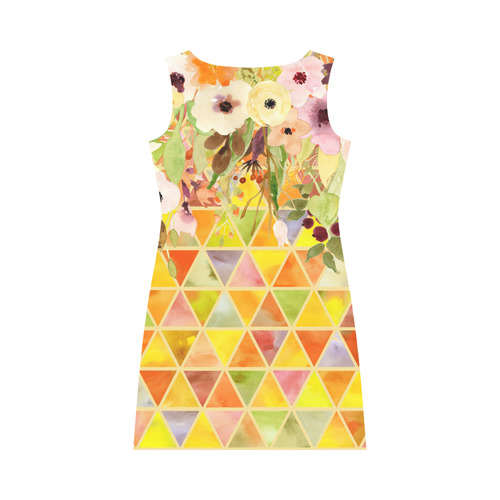 Watercolor Flowers Triangles Orange Yellow Green Round Collar Dress (D22)