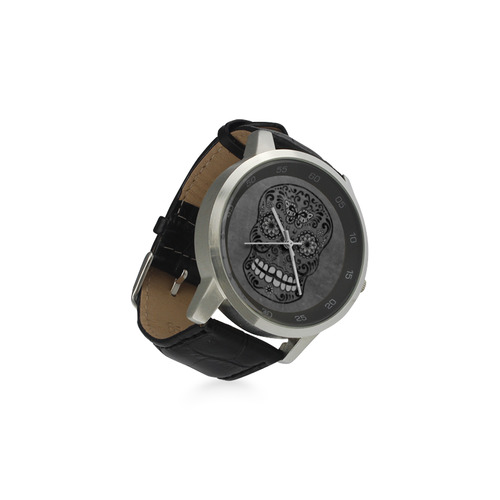 Dark gothic silver grey sugar skull Unisex Stainless Steel Leather Strap Watch(Model 202)